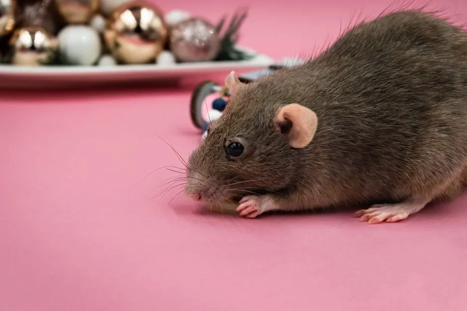 A cute brown mouse on a pink backdrop with festive Christmas ornaments nearby.